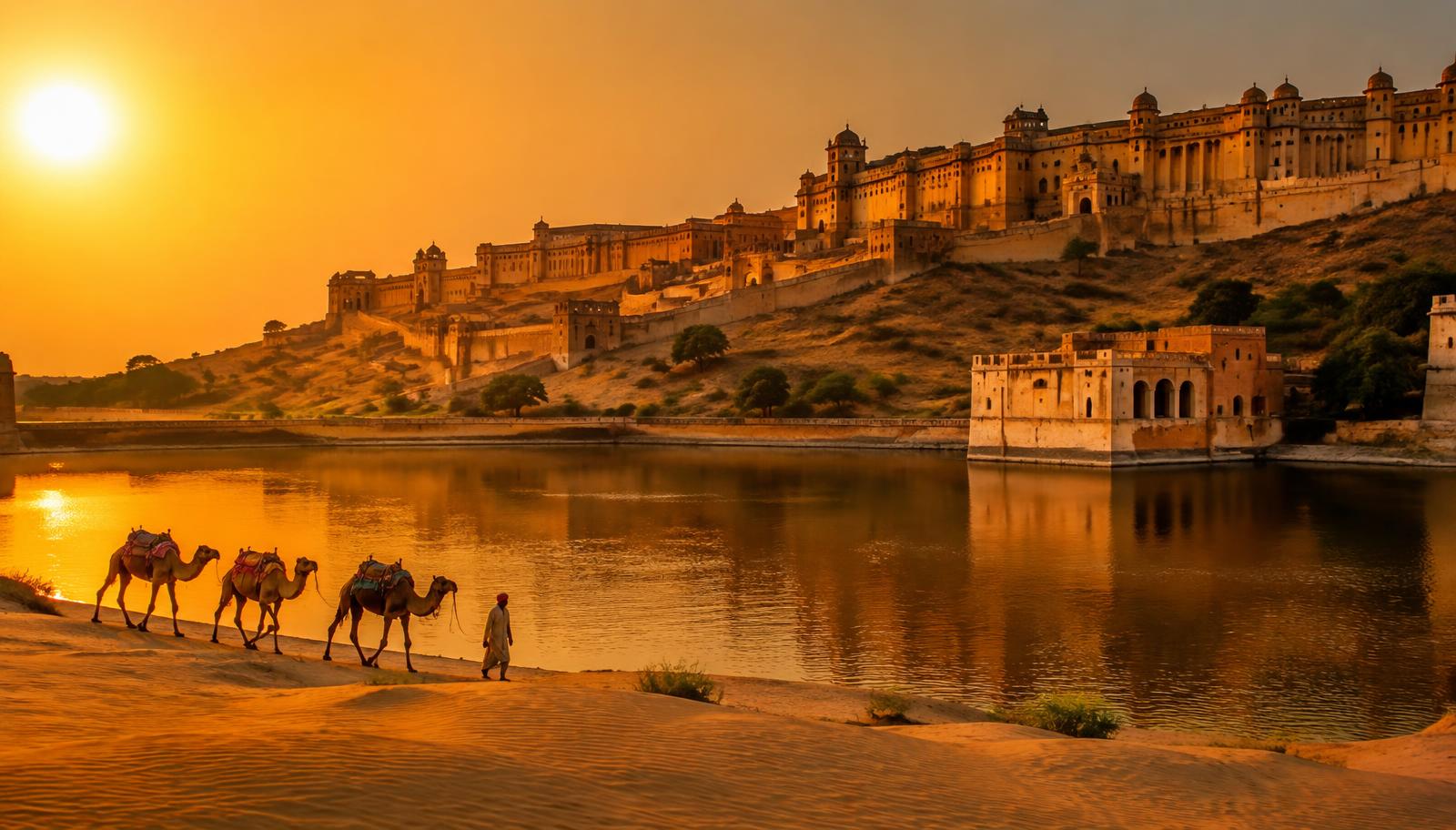 Rajasthan fort above a lake with camels on desert sand at sunset